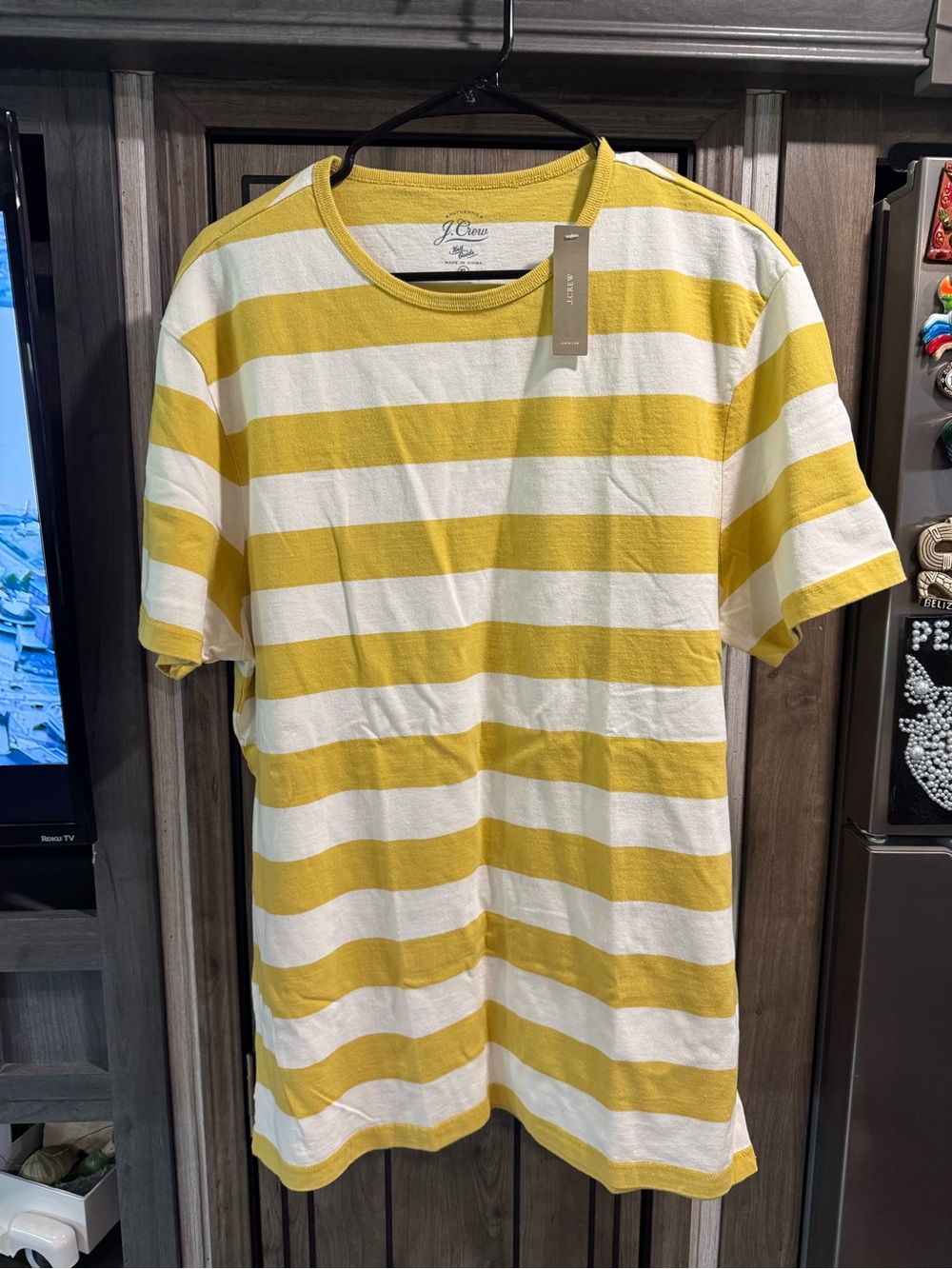 J. Crew Men’s Yellow and White Striped Short-Sleeve Tee